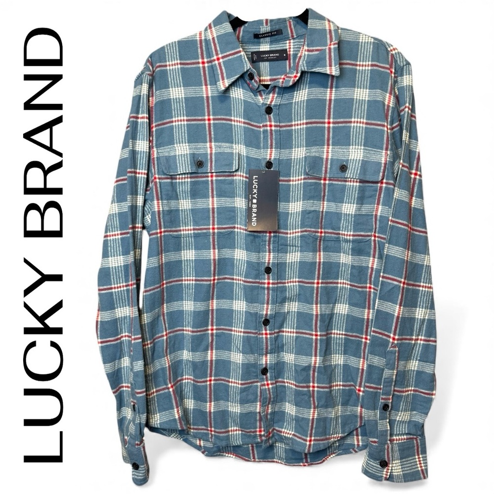 LUCKY BRAND Men's Blue Plaid Flannel Button Down Shirt Size Medium M NEW